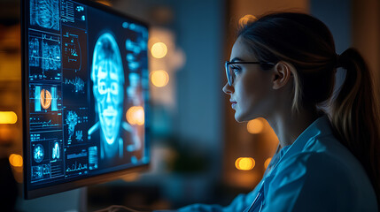 A woman is looking at a computer monitor with a face on it