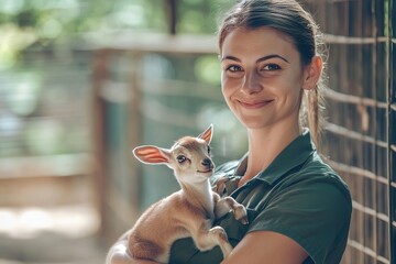 Smiling woman holding baby goat at a farm