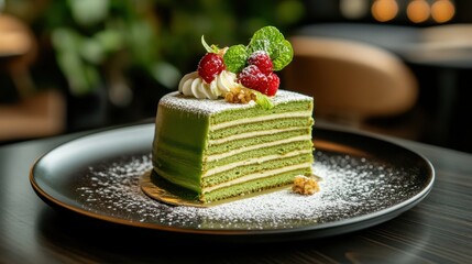 A delicious green layered cake garnished with fresh raspberries and mint leaves, presented on a black plate with powdered sugar.