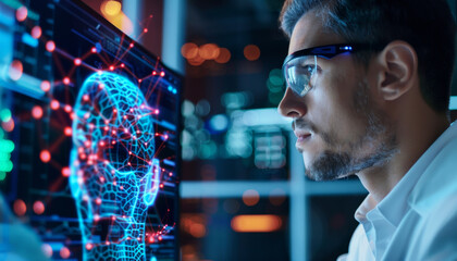 Man working with digital technology, focused on futuristic interface