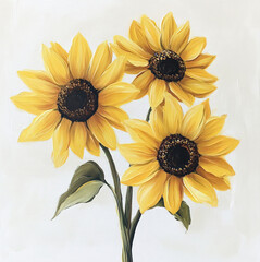 Wall Mural - 3 yellow sunflowers on a white background