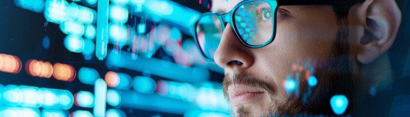 Man Looking at Screen with Blue Light Reflection in Glasses
