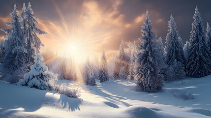 Sticker - Beautiful winter landscape. Majestic white spruces glowing by sunlight. Picturesque and gorgeous wintry scene.