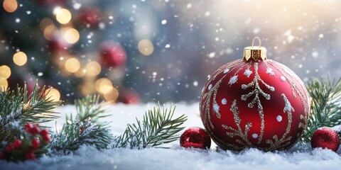 A red Christmas ornament with silver patterns sits on fresh snow, surrounded by pine branches and sparkling holiday lights in the background