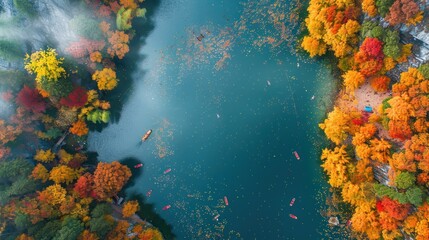 Sticker - Aerial View of Autumnal Forest Surrounding a Serene Lake