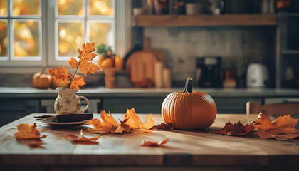 Wall Mural - Autumn kitchen with pumpkin and leaves decoration with copy space