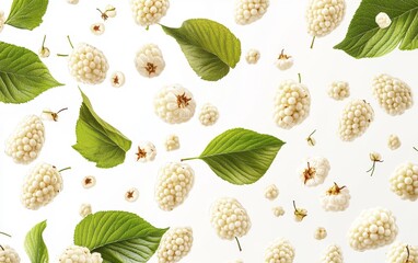 White Mulberries and Green Leaves Floating Pattern Generative AI