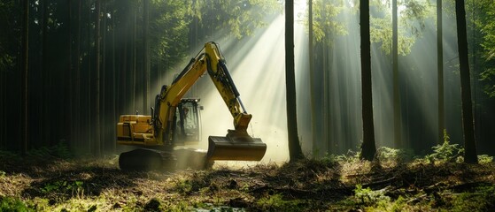 A yellow excavator works in a sunlit forest, surrounded by tall trees, clearing foliage and creating dust in a serene, natural setting.