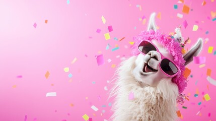 Wall Mural - Llama in a colorful party hat and sunglasses with confetti on a pink background. Fun, quirky celebration with a humorous twist.