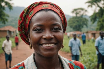 Wall Mural - Close portrait of a smiling 40s Burundian woman looking at the camera, Burundian outdoors blurred background