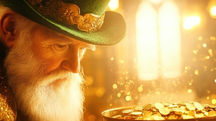 Old man with a white beard and a green hat smiling warmly, surrounded by festive lights and gold coins. St. Patrick's Day and luck concept.