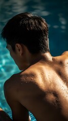 Wet Man Backside Swimming Pool Sun Tan  -  Stock Photo