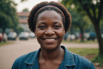 Wall Mural - Close portrait of a smiling 40s Congolese woman looking at the camera, Congolese outdoors blurred background