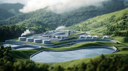 Wall Mural - A 3D model of a geothermal energy plant, illustrating heat flow from the Earth into turbines, showcasing the energy conversion process.