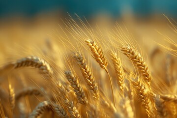 Close-up of golden wheat stalks in a field with a blurred background.