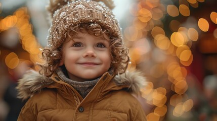 Wall Mural - A young child wearing a brown coat and a hat is smiling