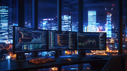 Canvas Print - A modern office desk with multiple monitors displaying graphs, data, and code, overlooking a city skyline at night.