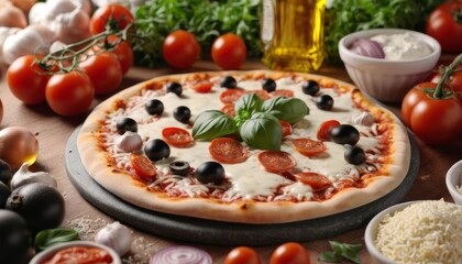 Poster -  Freshly baked Margherita pizza with vibrant toppings