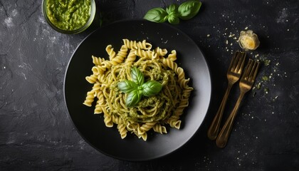 Wall Mural -  Delicious pasta dish with pesto sauce garnished with fresh basil