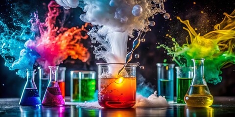 A vibrant chemical reaction in a laboratory causes an explosive foam eruption, producing bubbles that overflow from a