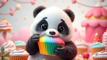 Wall Mural - Chubby Panda, Rainbow Cupcake