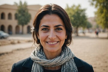 Wall Mural - Close portrait of a smiling 40s Iraqi woman looking at the camera, Iraqi outdoors blurred background