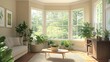 © mashimara - Modern living room with large windows, plants, and comfortable furniture overlooking a city skyline. Concept of urban living and green interior design.