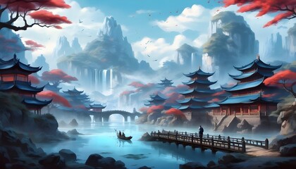 Enchanting Chinese Fantasy Landscape with Mythical Creatures and Elegant Architecture