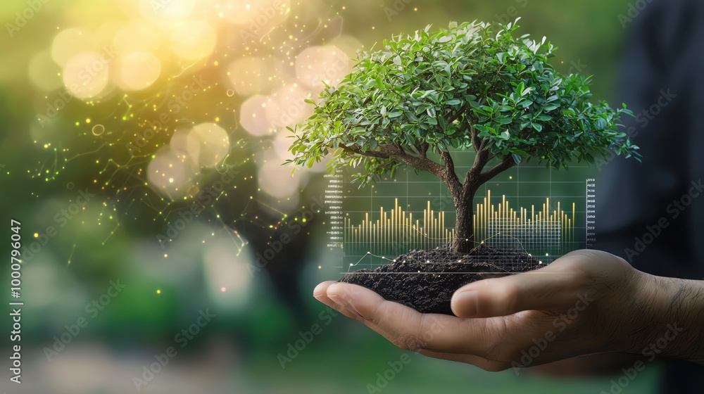 A tree man is touching a growth graph chart on a virtual screen ...