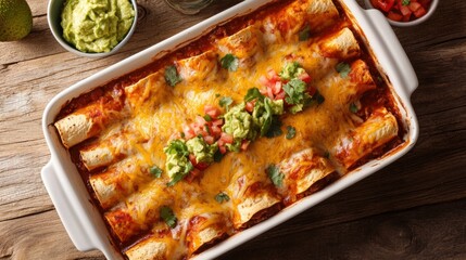 Enchiladas are a classic Mexican cuisine that are served with tomato and guacamole dips and consist of cheese, beef, and chili red sauce in a white casserole dish on a rustic wooden background.