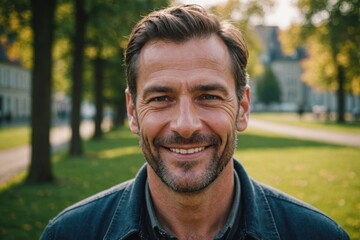 Wall Mural - Close portrait of a smiling 40s Liechtensteiner man looking at the camera, Liechtensteiner outdoors blurred background