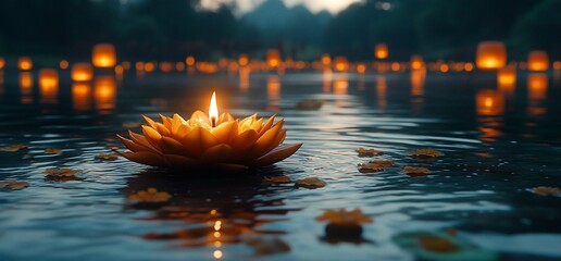 Wall Mural - A single lit candle in a lotus flower floats on the surface of a lake with many more candles floating in the background.