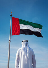 an arabian man standing looking at the united arab emirates flag pole in a blue cloudy sky dramatic 