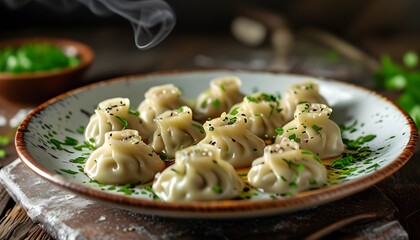 Delicious traditional dumplings served on a plate adorned with fresh herbs