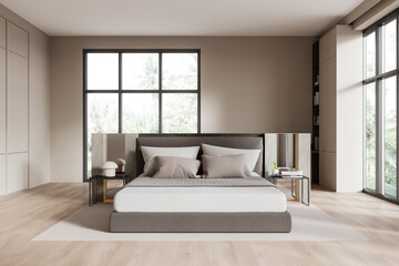 Sticker - Modern bedroom interior showing a cozy bed with pillows, large windows, and minimalist furniture. Natural light floods the room, enhancing the serene atmosphere. 3D Rendering