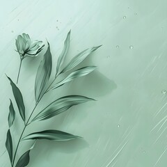 Wall Mural - green palm leaves, flowers, leaves, minimal style on empty space background, green pastel color, free-flowing lines, design, water drops