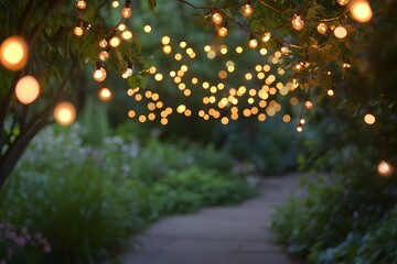 blurred image of twinkling fairy lights draped across a garden, with the soft motion blur turning ea