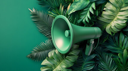 Canvas Print - Green megaphone surrounded by tropical foliage on a green background.