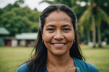 Wall Mural - Close portrait of a smiling 40s Micronesian woman looking at the camera, Micronesian outdoors blurred background