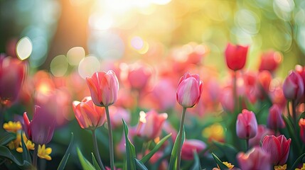 Wall Mural - Blurry garden scene with vibrant tulips and a clear spring sky