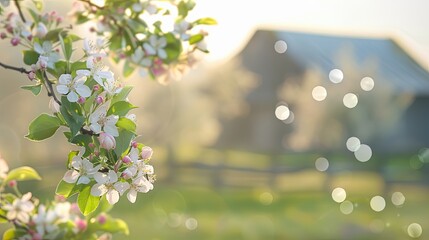 Canvas Print - Blurry spring orchard with fruit blossoms and a bright clear sky