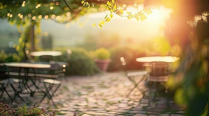 Sticker - Blurry vineyard terrace with tables and chairs under a sunny spring sky