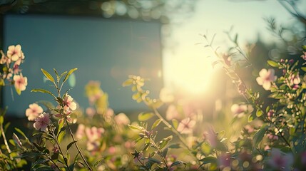 Wall Mural - Blurry film set with floral decor and a bright clear sky