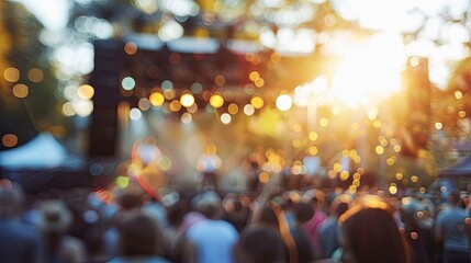 Poster - Soft-focus spring music festival with stages and a sunny clear sky