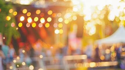 Wall Mural - Blurry spring festival scene with stage setups and a bright sky