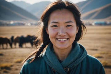 Wall Mural - Close portrait of a smiling 40s Mongolian woman looking at the camera, Mongolian outdoors blurred background