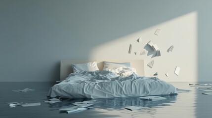 Wall Mural - Modern Empty Bed with Fragmented Papers in Clean Space