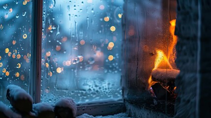 Canvas Print - Cozy fireplace viewed through a foggy window blurred with warm soft light