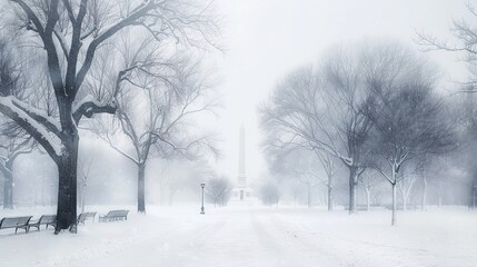 Canvas Print - Winter park scene with blurred monument and leafless trees evoking calm solitude