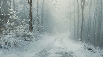 Canvas Print - Winter scene of a blurred snowy path through a foggy forest calm and still